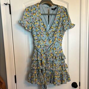 Floral Ruffle Faux Wrap Dress in Blue